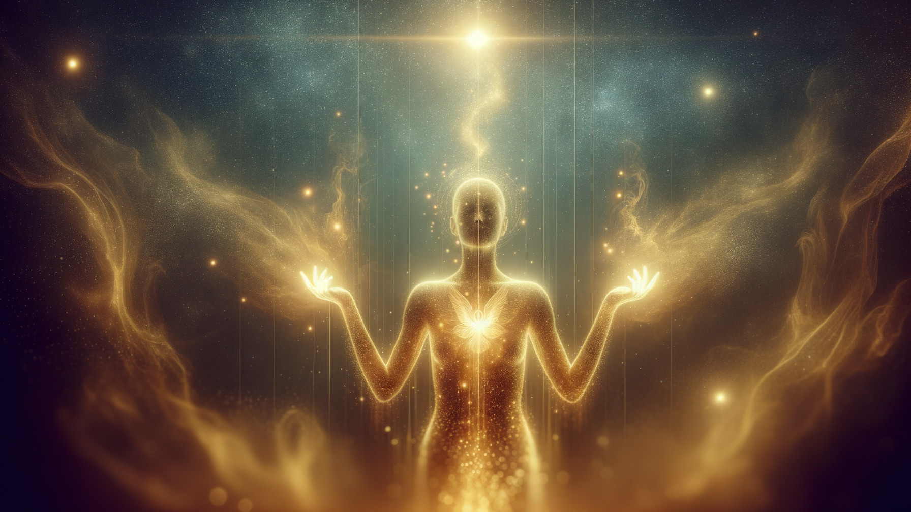 Cosmic Figure Radiating Light in Mystical Landscape