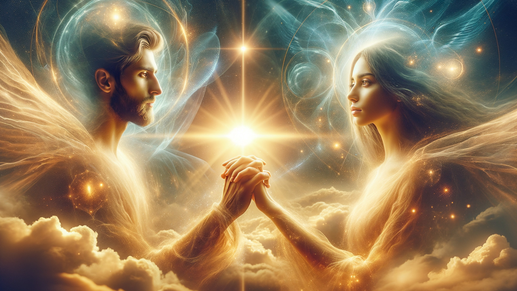 Celestial Scene of Ethereal Figures in Cosmic Setting