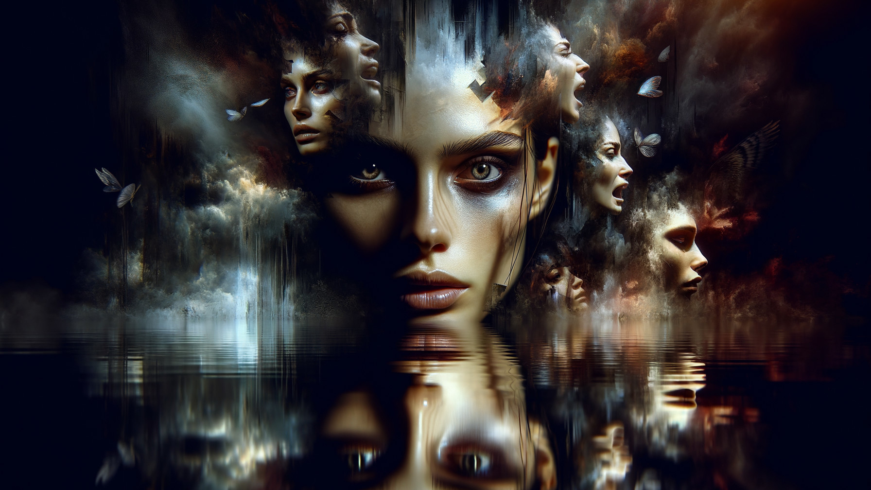 Surreal Digital Artwork with Faces and Ethereal Elements