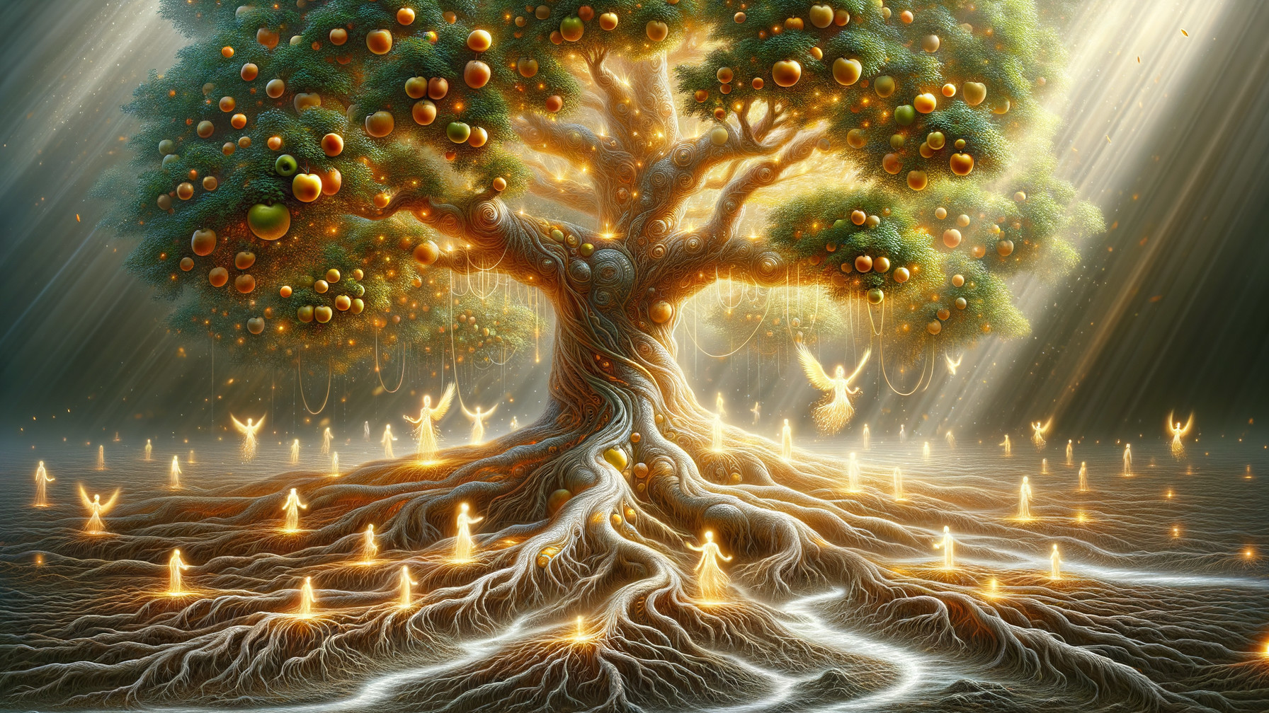 Majestic tree with glowing oranges in mystical landscape