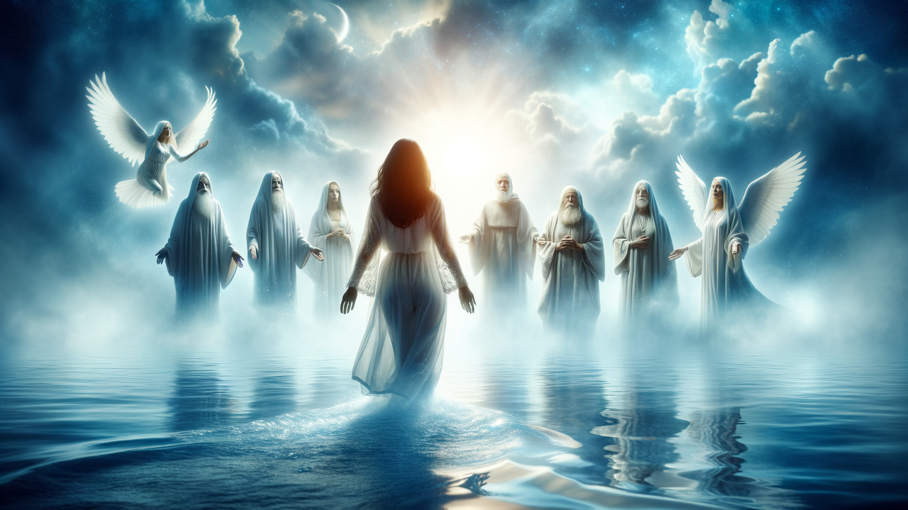 Woman in White Dress Walking Through Calm Waters