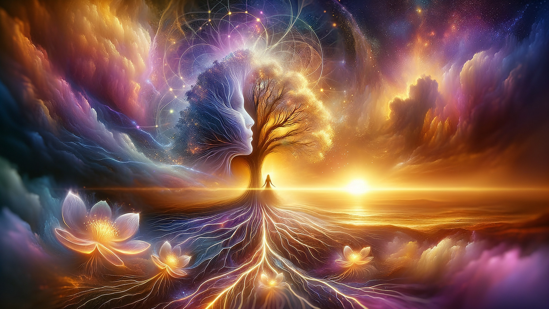 Mystical Landscape with Majestic Tree and Sunset
