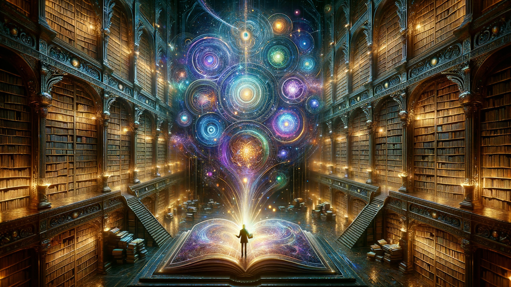 Ancient library with glowing books and cosmic orbs