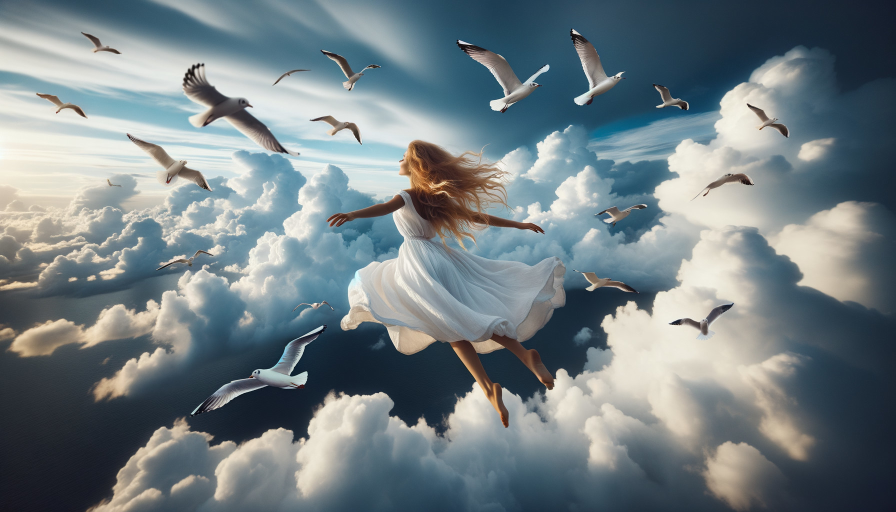 Woman in White Dress Dancing Among Cloudy Skies