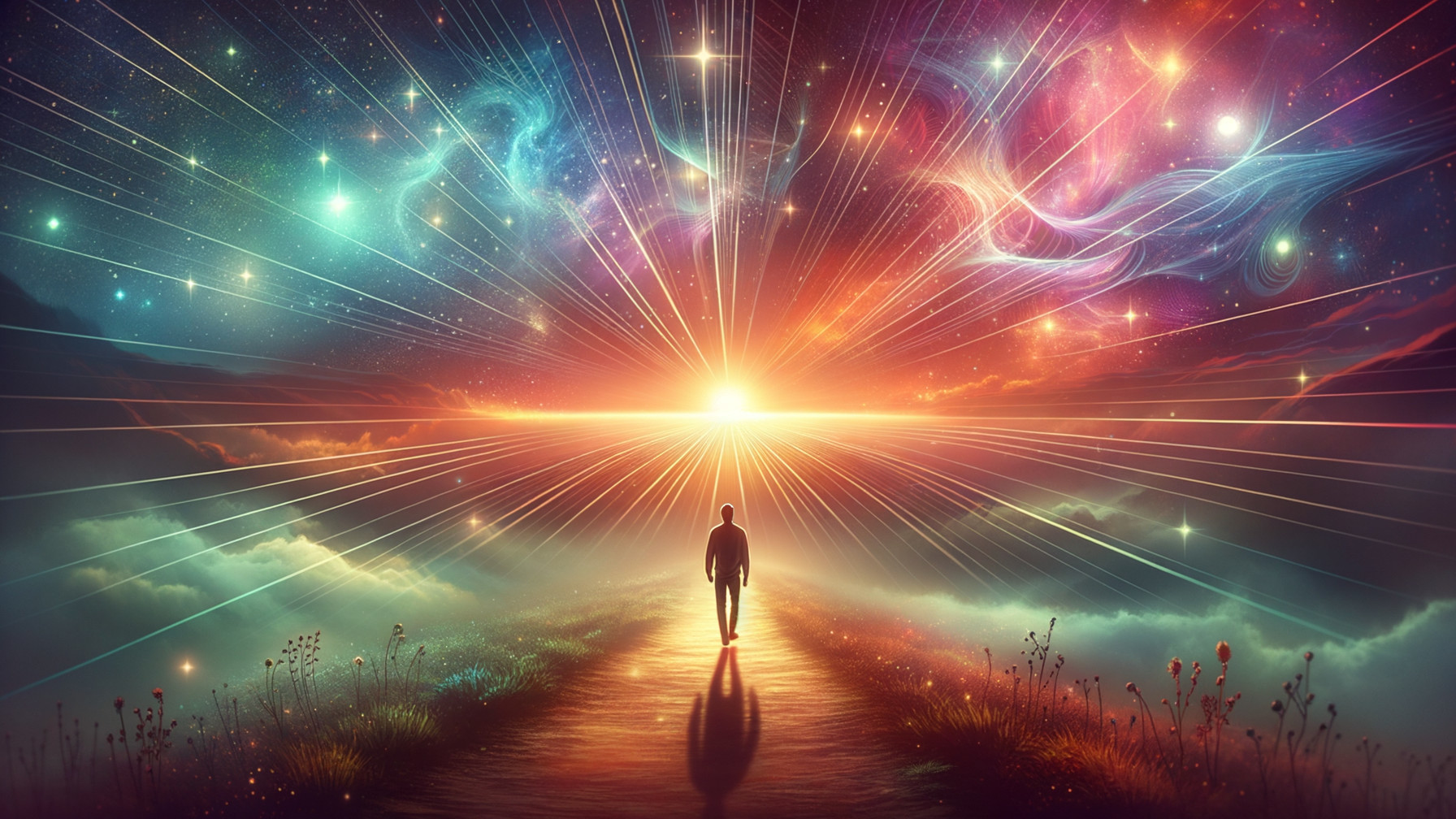 Solitary Figure on Winding Path at Radiant Sunrise