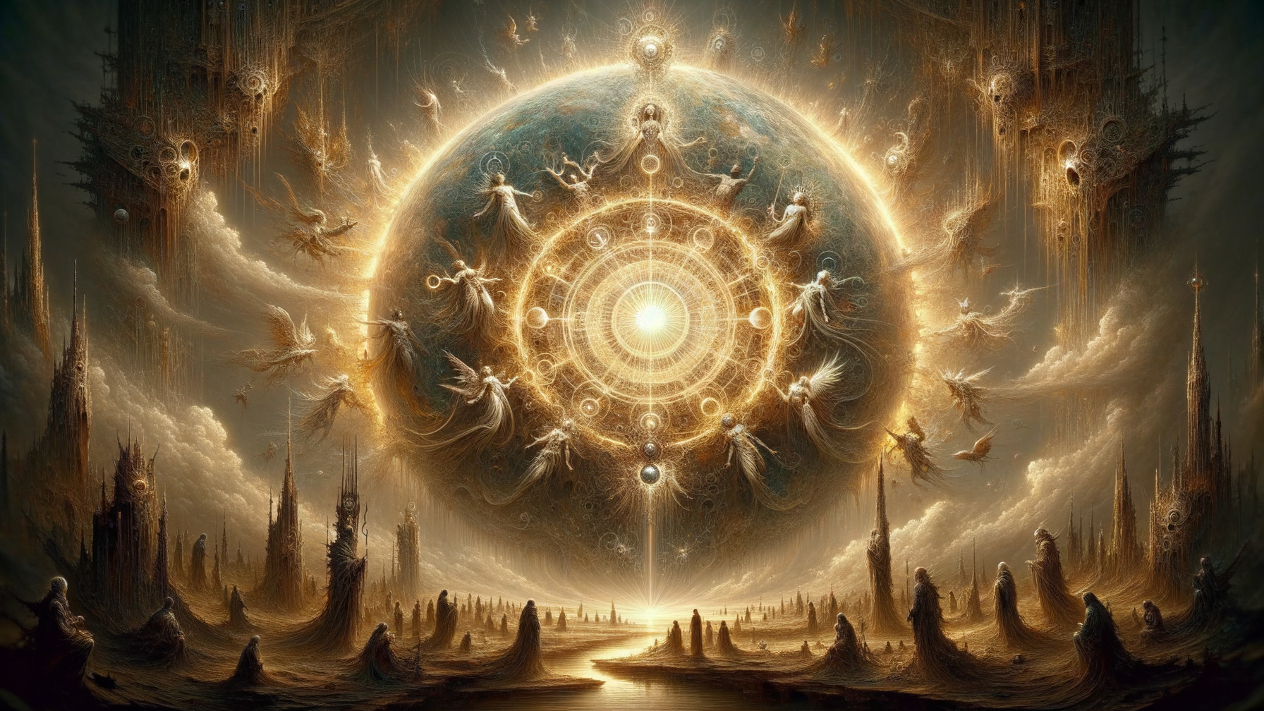 Surreal Cosmic Landscape with Radiant Golden Orb