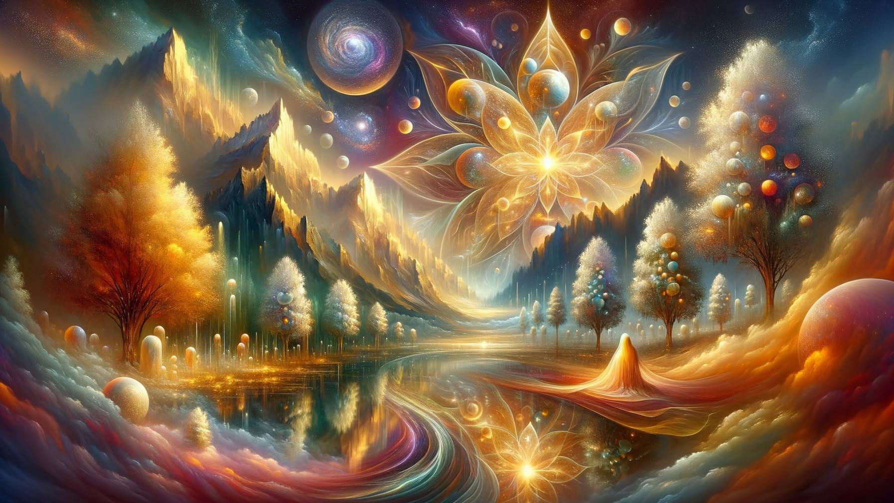 Surreal Landscape with Mountains and Vibrant Trees