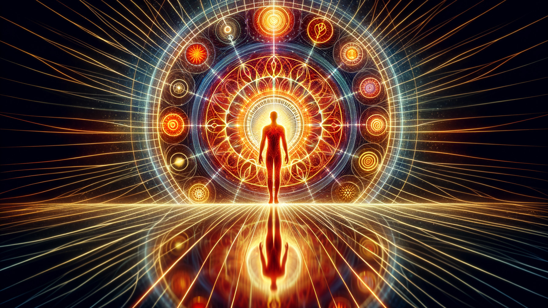 Silhouetted Figure Against Cosmic Mandala Background