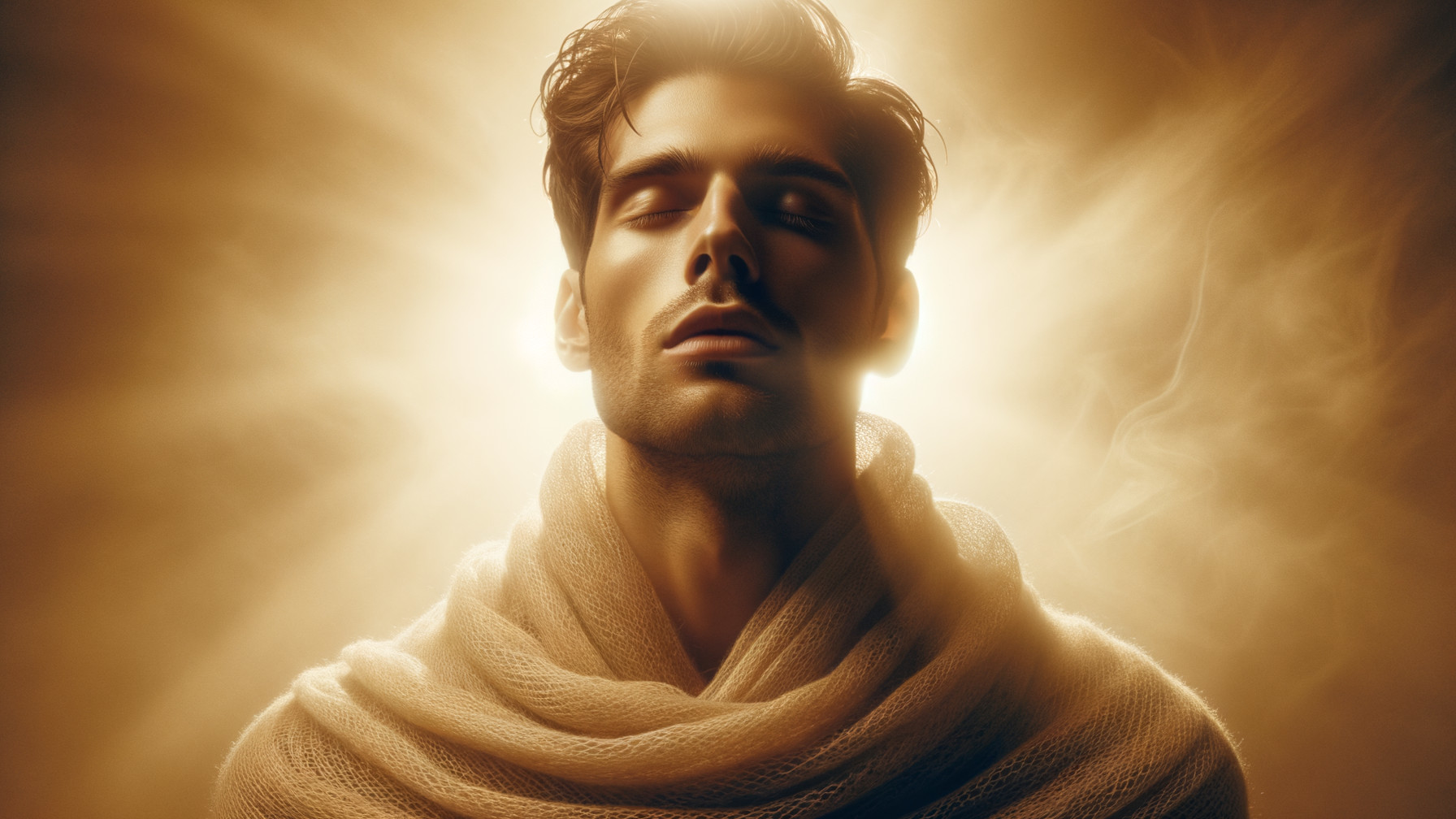 Serene man with glowing aura and soft features