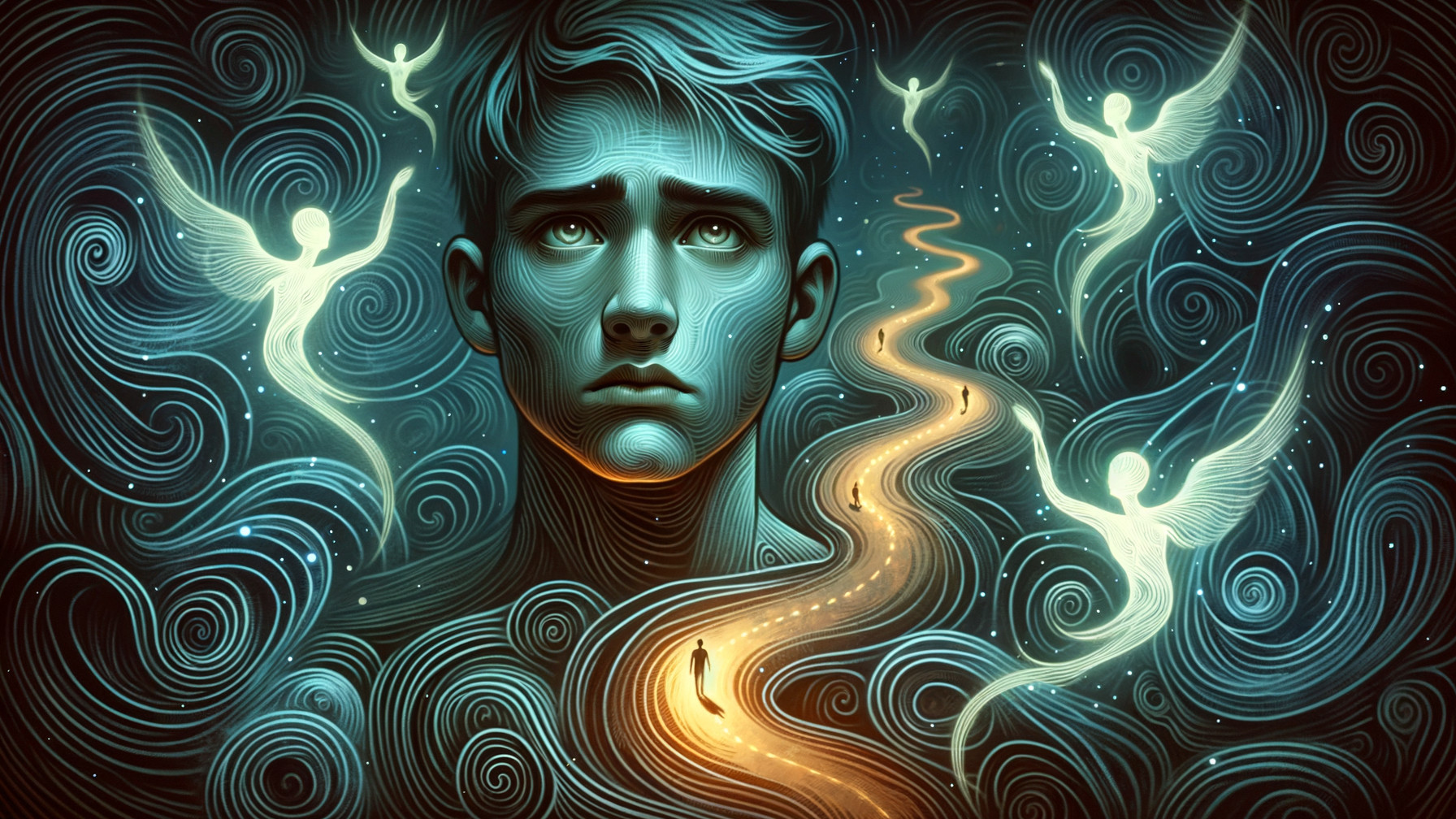 Young man in contemplation with ethereal figures and light