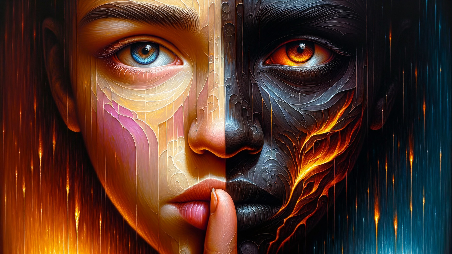 Dual-faced portrait with vibrant and dark themes