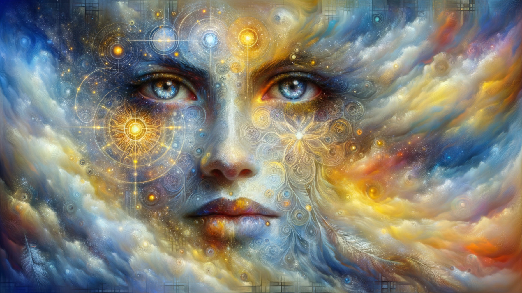 Ethereal Face in Cosmic Clouds and Vibrant Colors