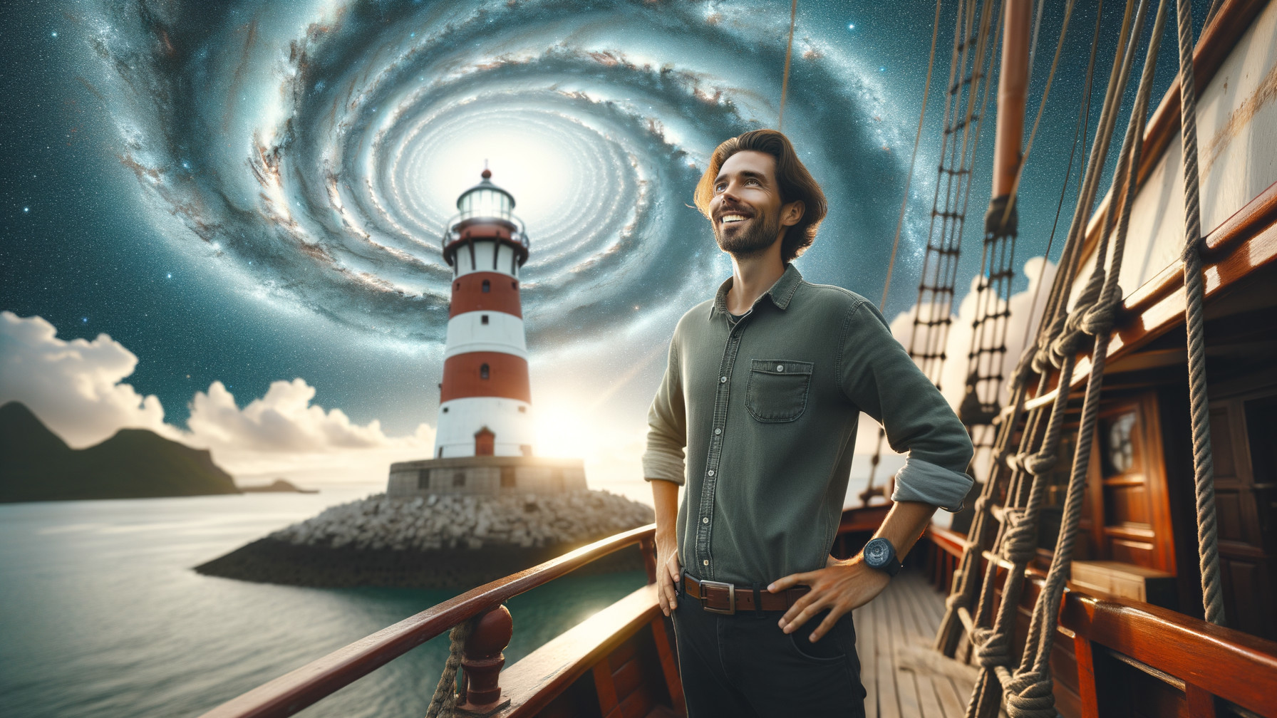 Man on Ship Deck with Galaxy and Lighthouse View