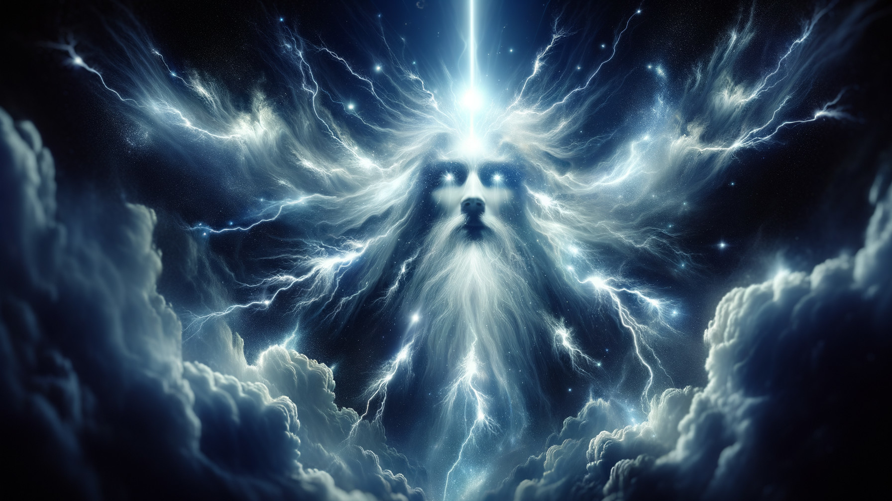 Cosmic Figure Surrounded by Clouds and Lightning Bolts