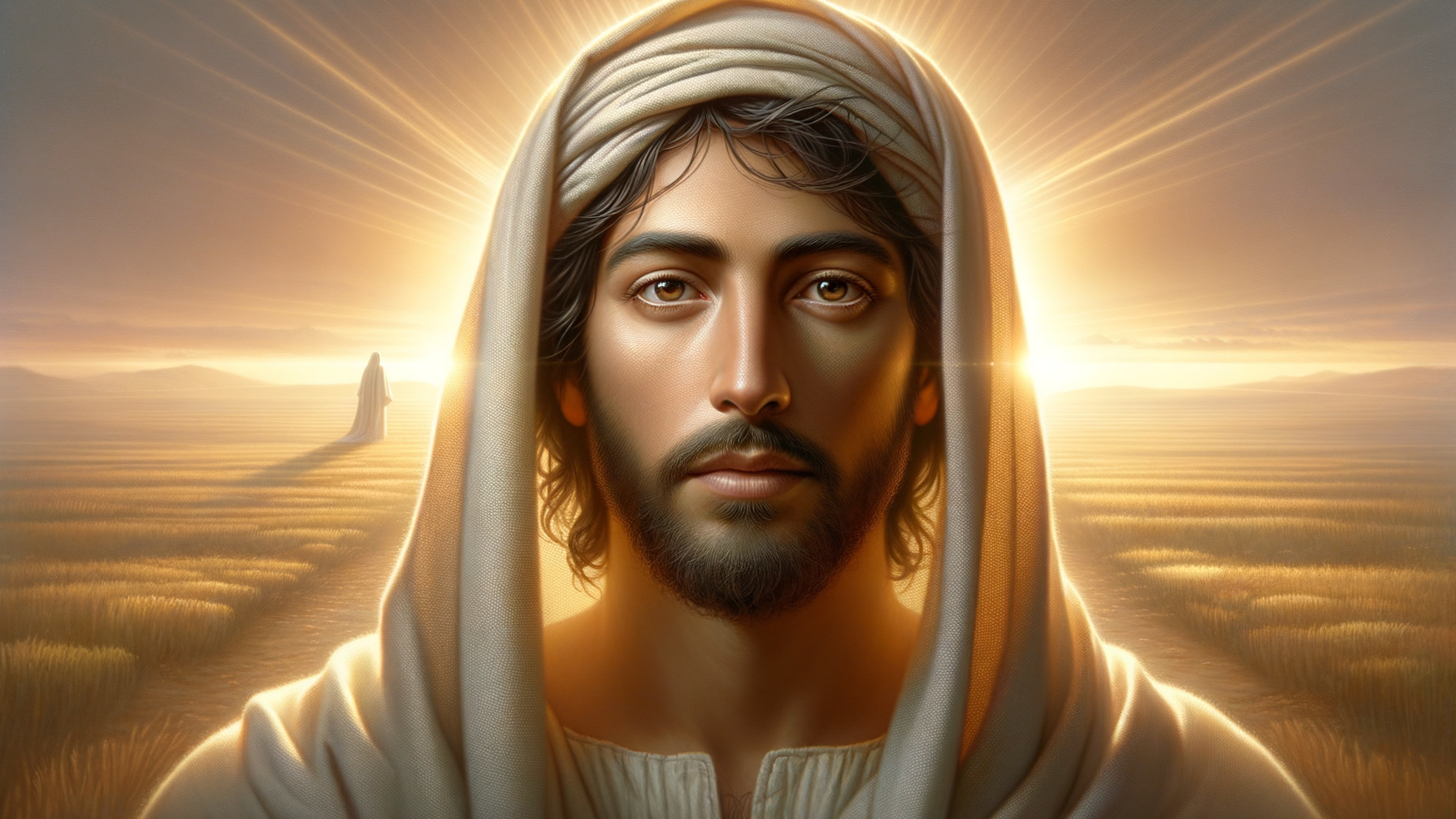 Serene figure in white garment under golden light