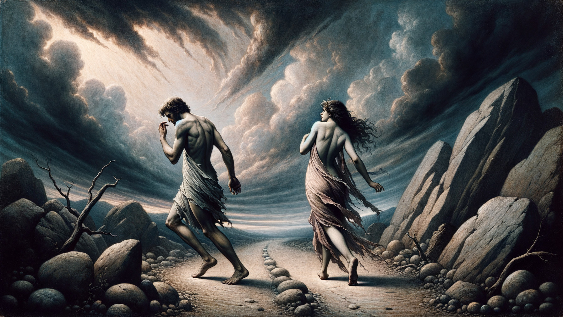 Figures Walking on Winding Path in Dramatic Landscape