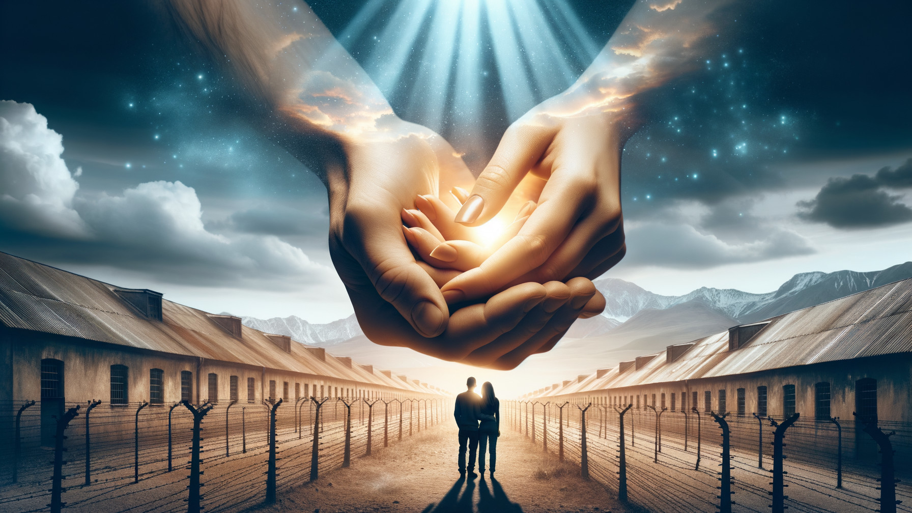 Surreal Landscape with Hands Cradling Light and Couple