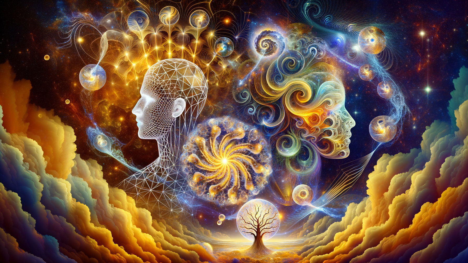 Surreal Cosmic Landscape with Human Head Silhouette