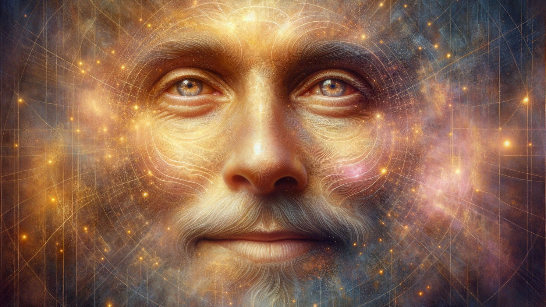 Ethereal Face Surrounded by Cosmic Colors and Patterns