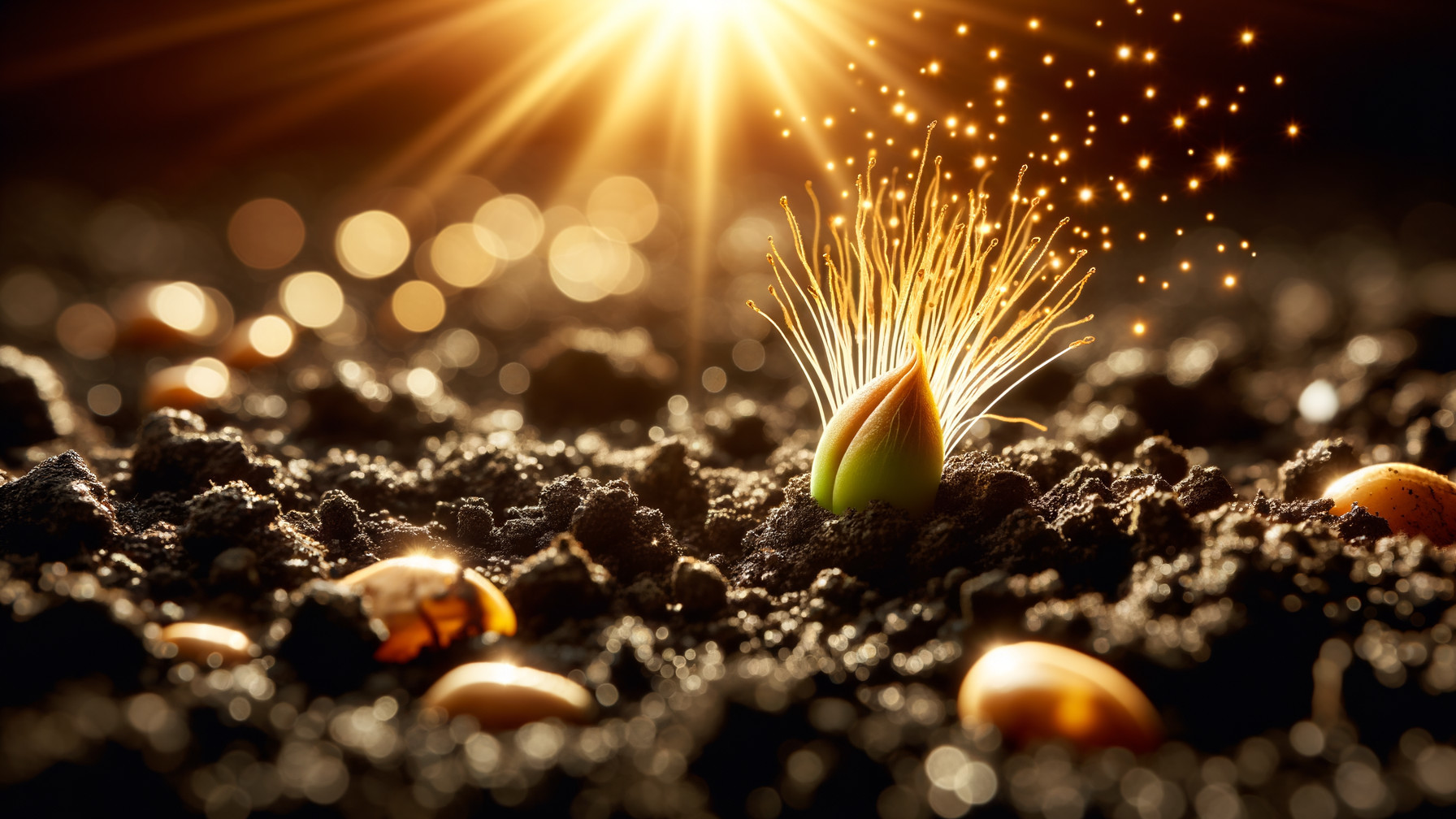 Vibrant Sprout Emerging from Dark Soil with Seeds