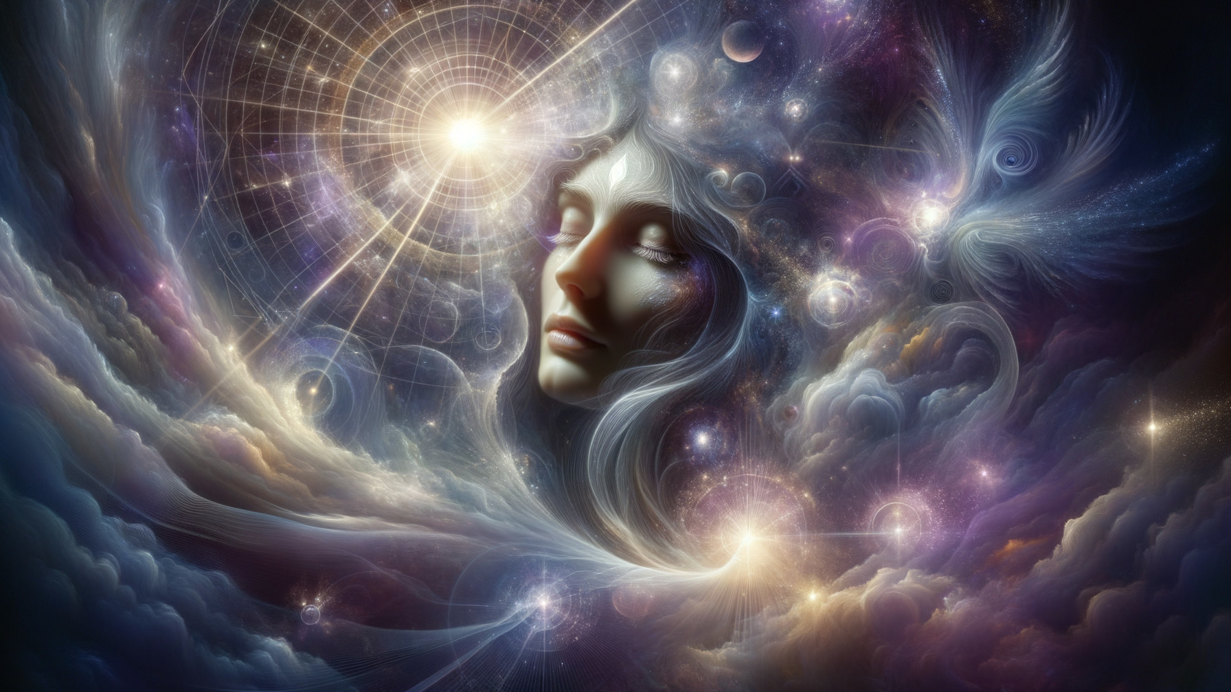 Surreal Cosmic Scene with Serene Female Face