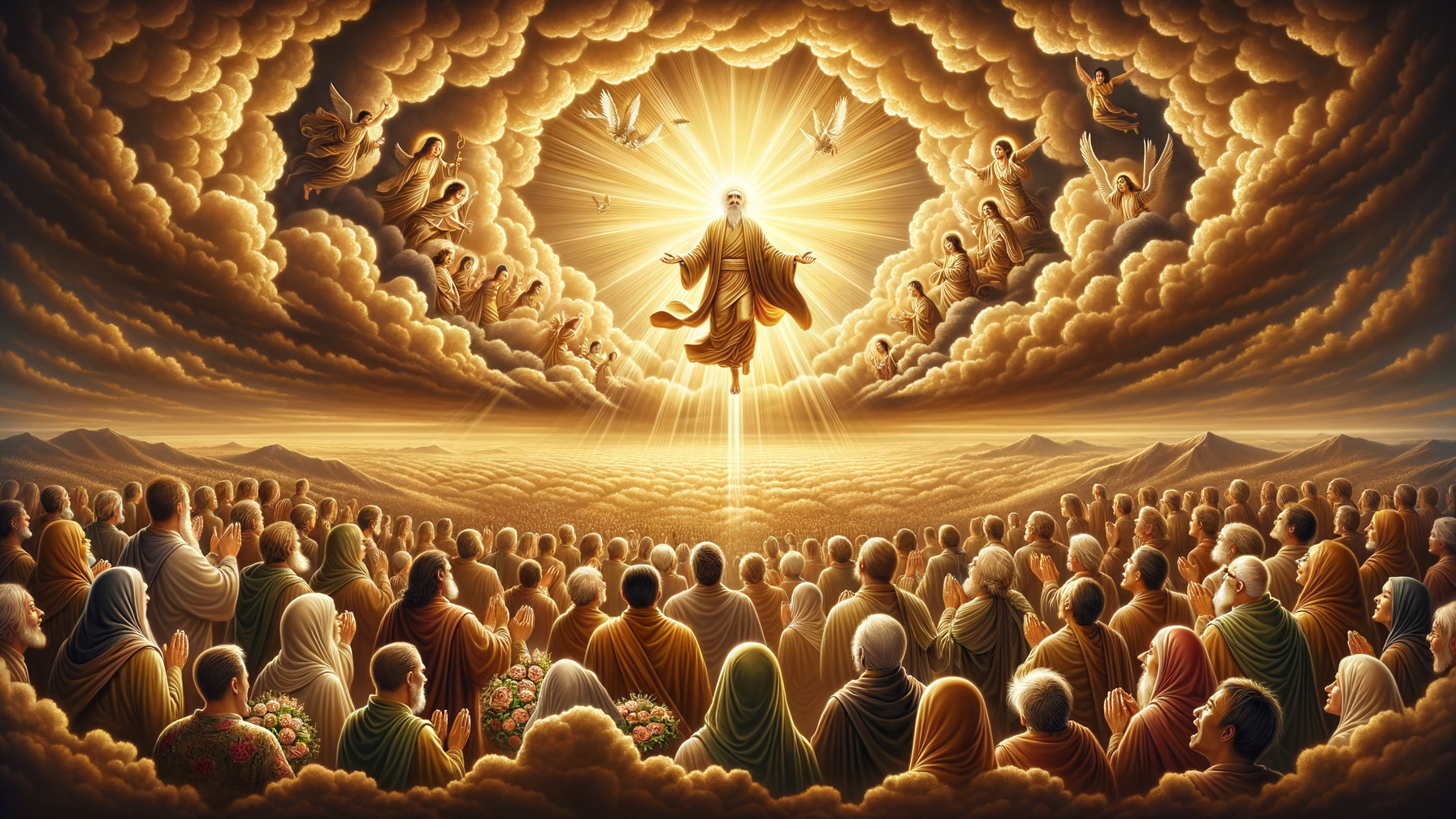 Majestic Scene of Crowd Gazing at Heavenly Figure