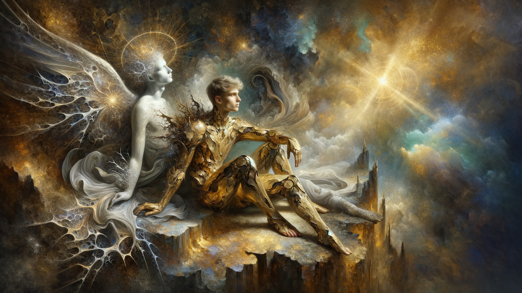Surreal Landscape with Metallic and Ethereal Beings