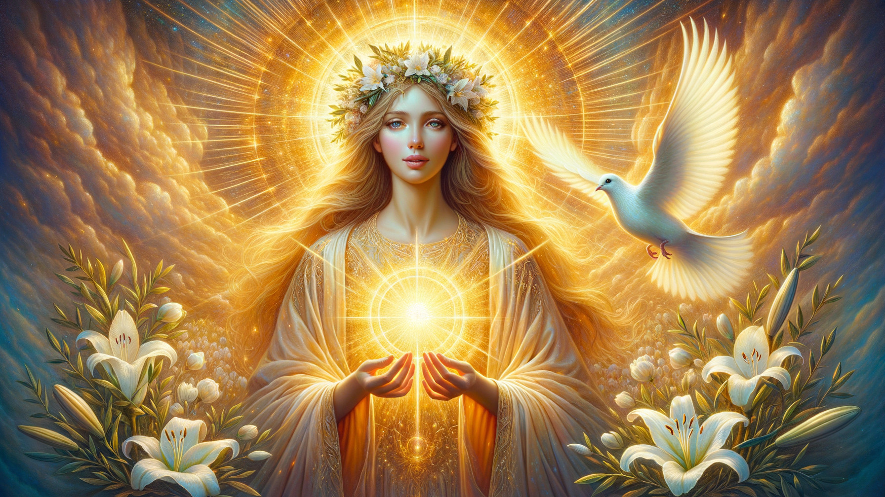 Serene Woman with Golden Light and Dove in White Gown