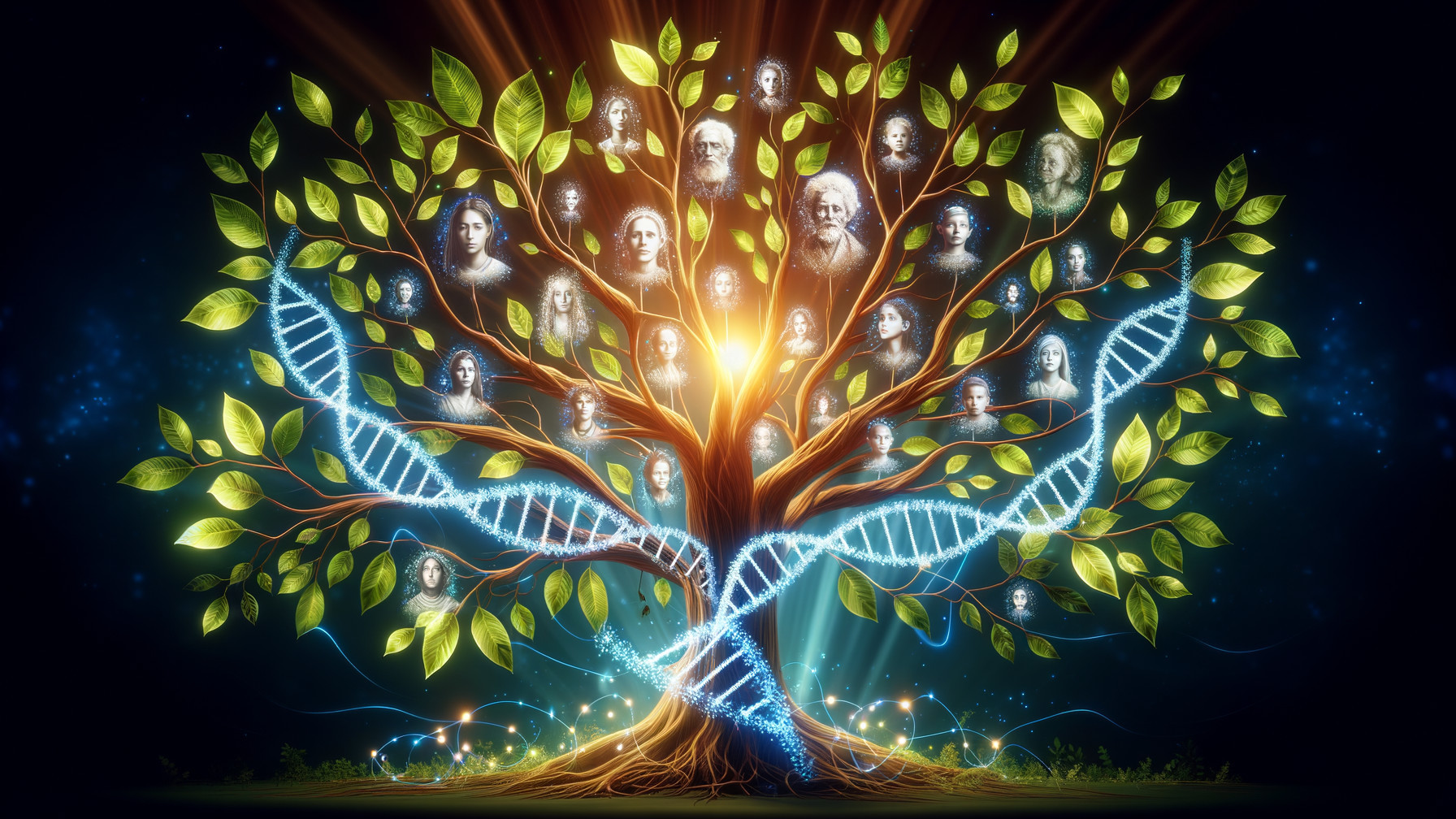 Vibrant Family Tree with Portraits and DNA Strands