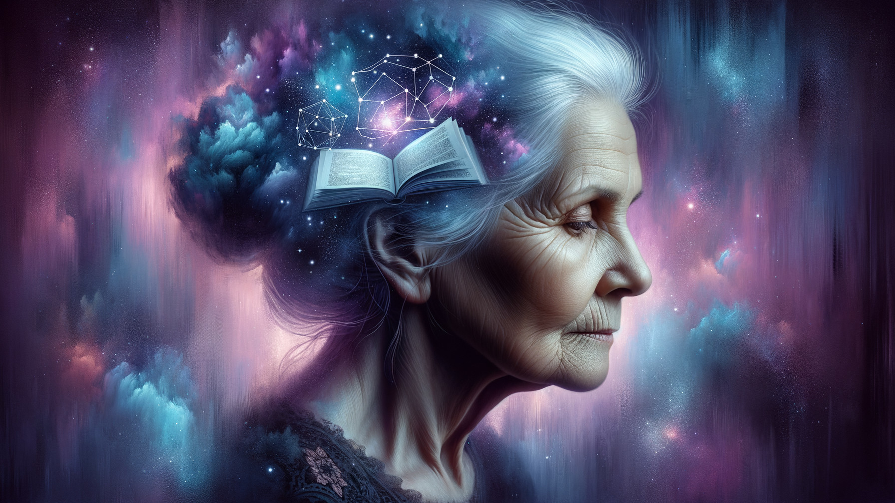 Elderly Woman Profile with Cosmic Landscape and Book