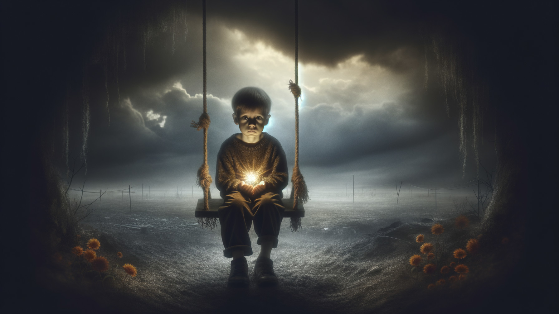 Boy on Swing with Glowing Light in Dark Landscape