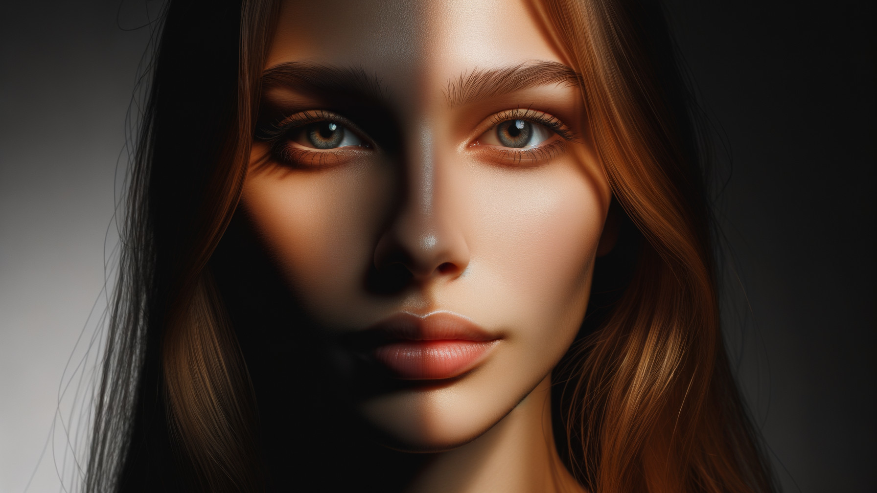 Close-up of a woman with green eyes and dramatic lighting