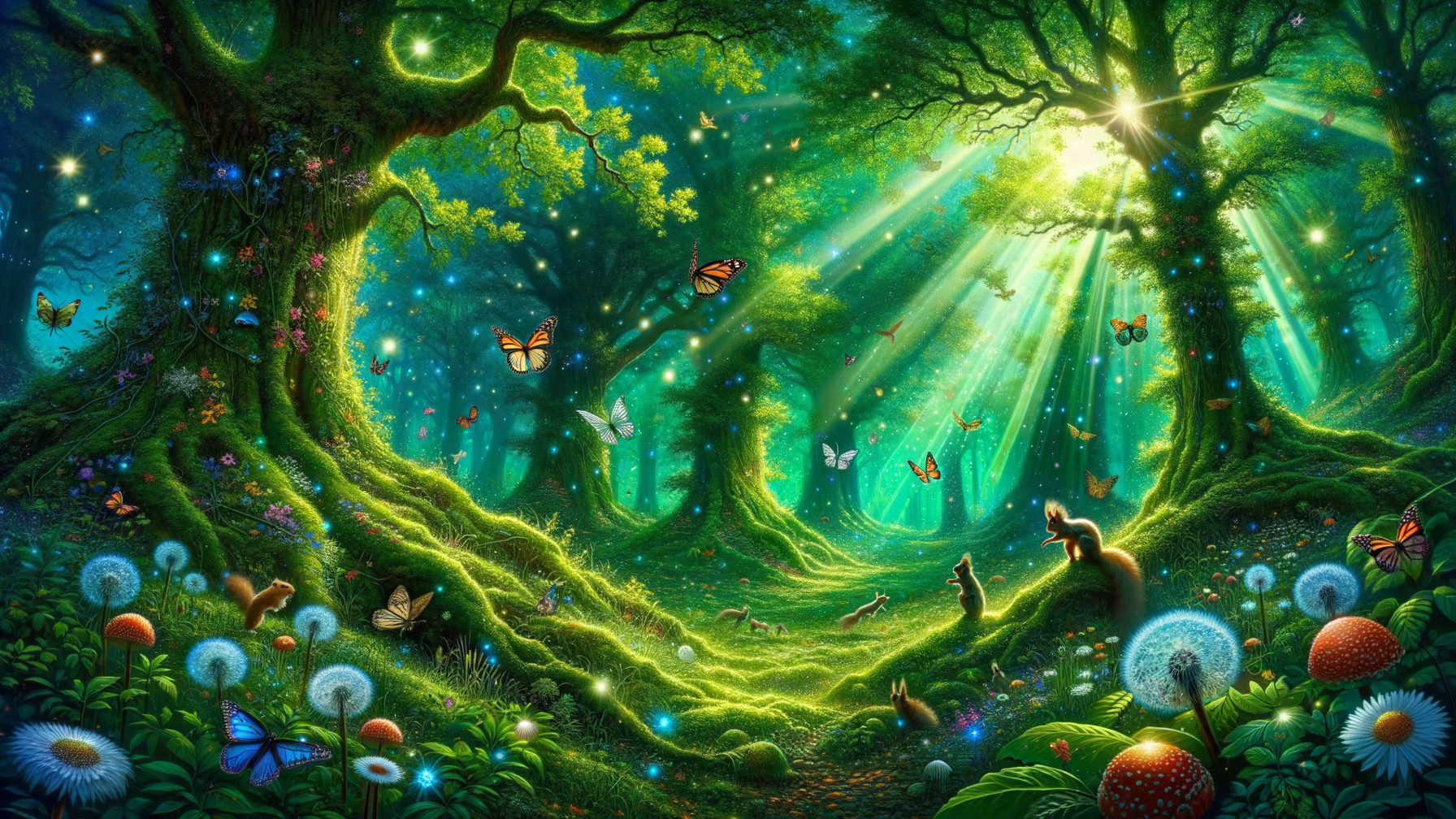 Vibrant Fantastical Forest with Magical Green Glow