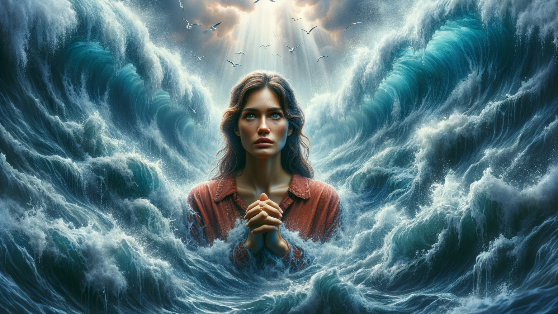 Woman in Contemplation Amidst Tumultuous Ocean Waves