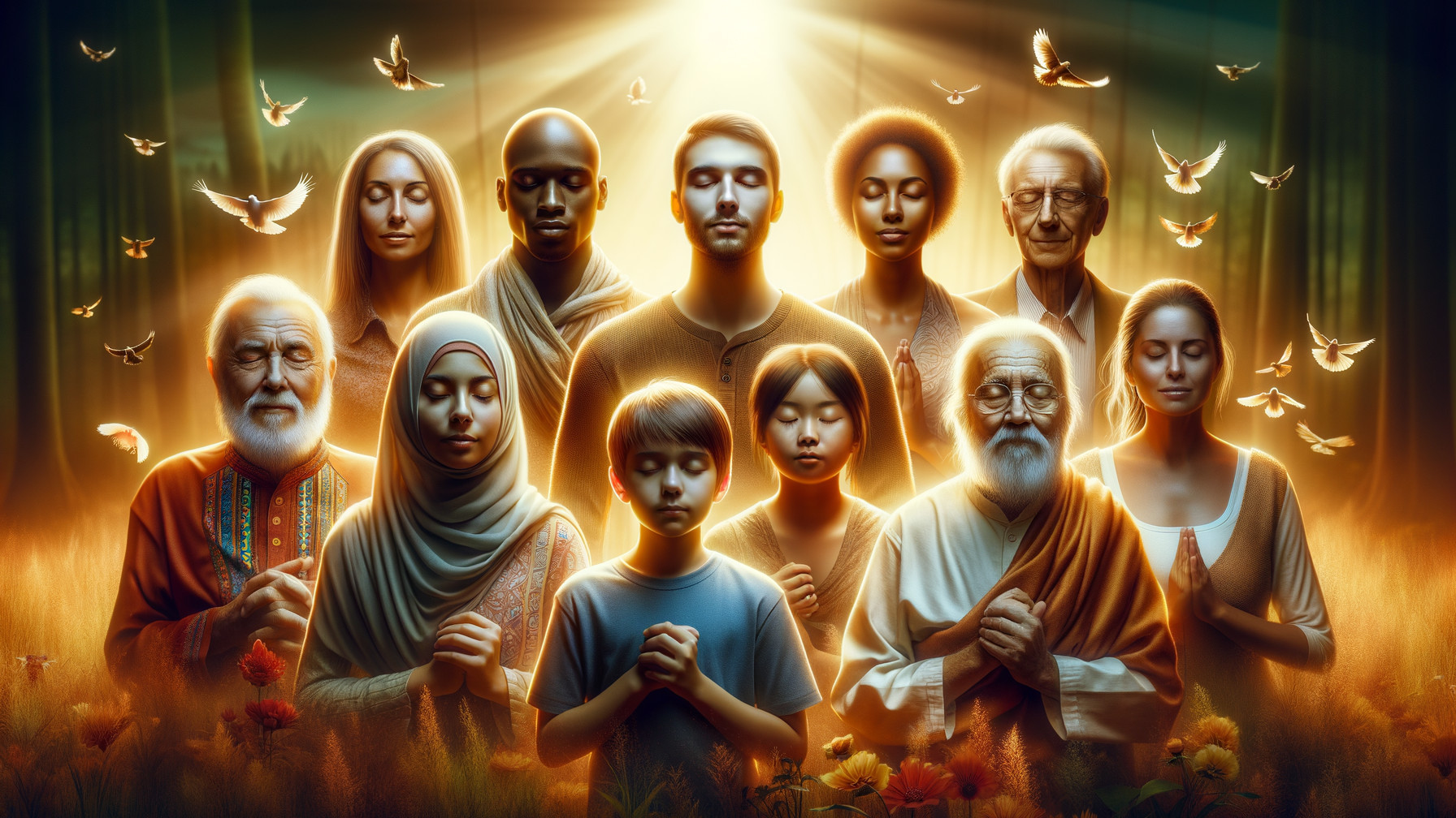 Diverse Group in Serene Unity with Nature's Light