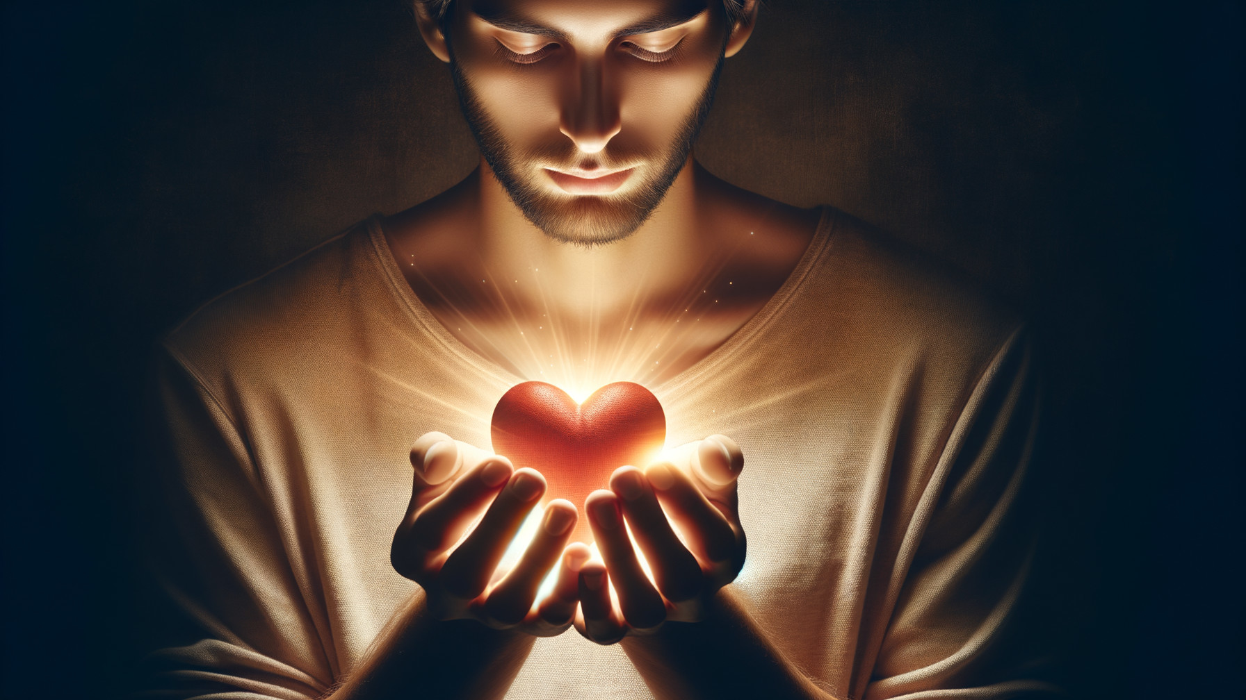 Young man holding glowing red heart in dim light