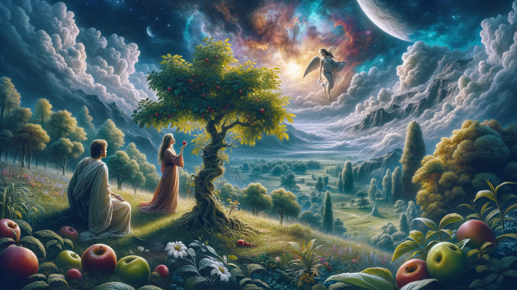 Serene Angel Over Lush Tree in Dreamlike Landscape