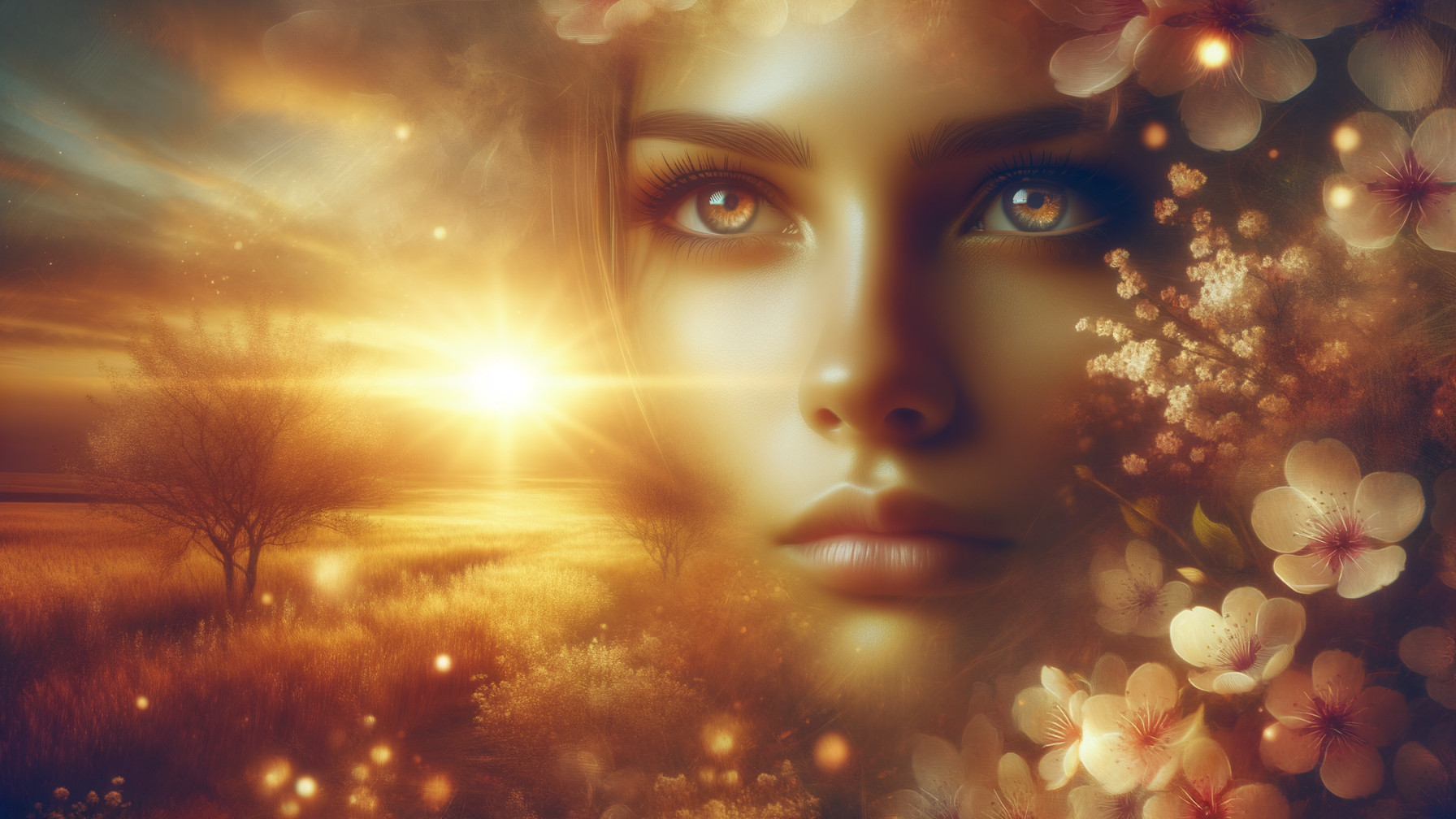 Serene Woman's Portrait in Golden Sunset Landscape