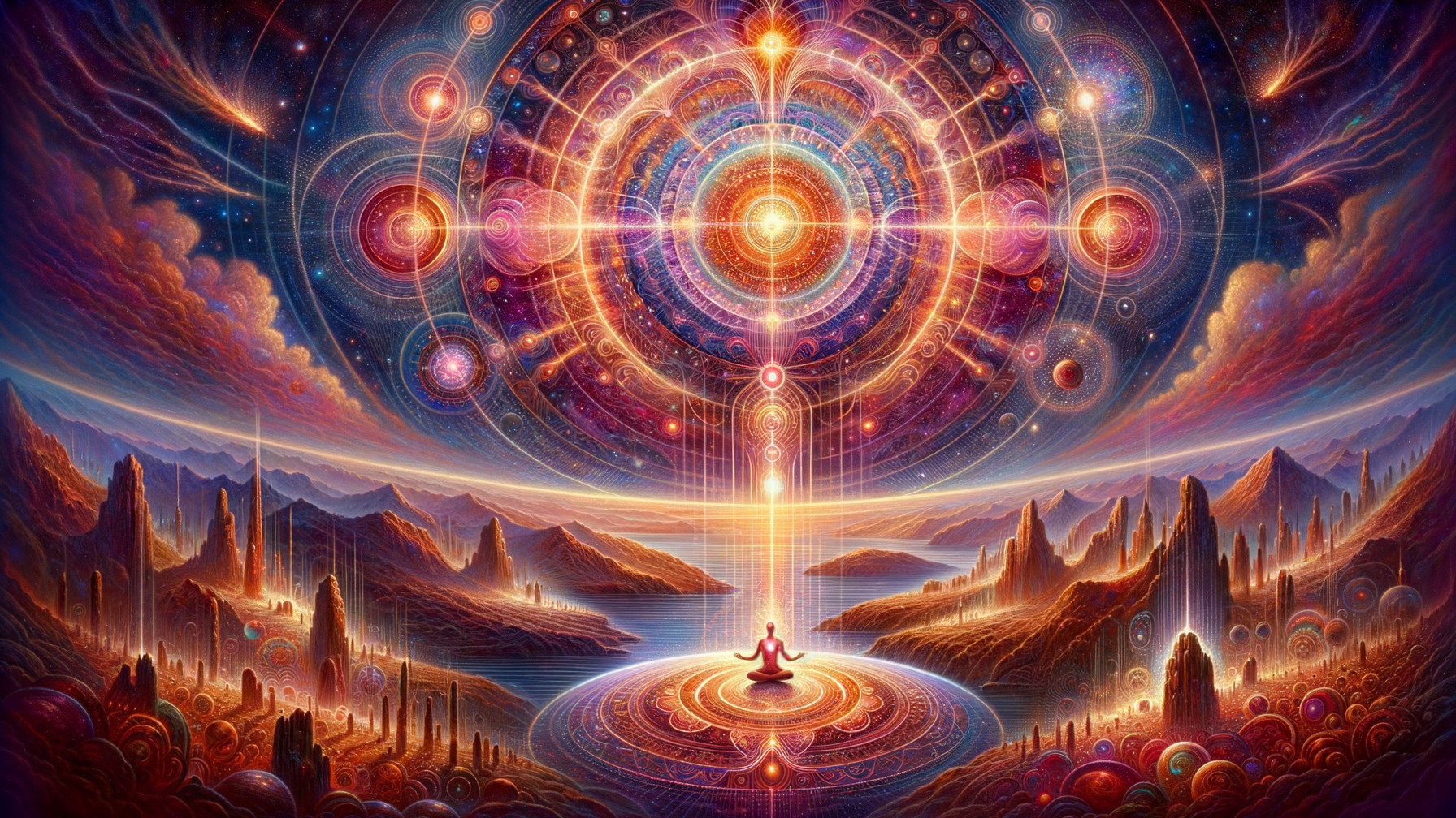 Mystical Landscape with Meditating Figure and Orbs