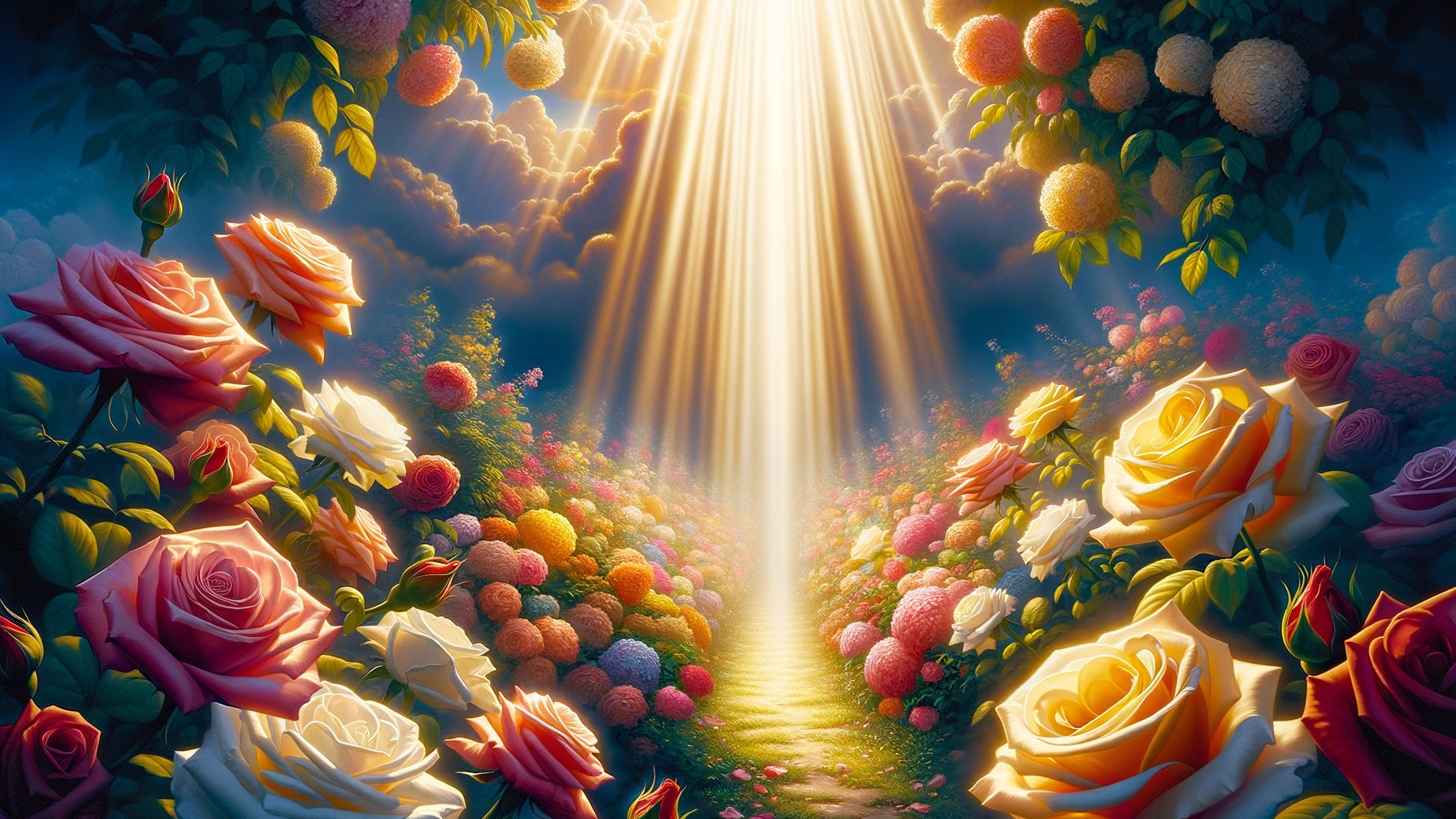 Radiant Pathway in a Lush Garden of Blooms