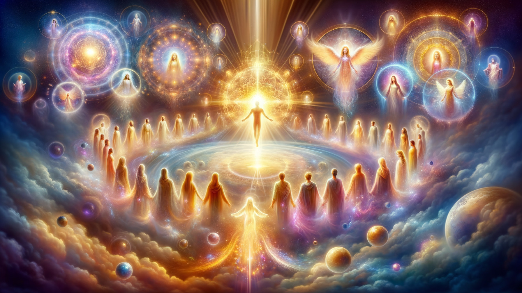 Luminous Cosmic Scene with Ethereal Figures and Galaxies