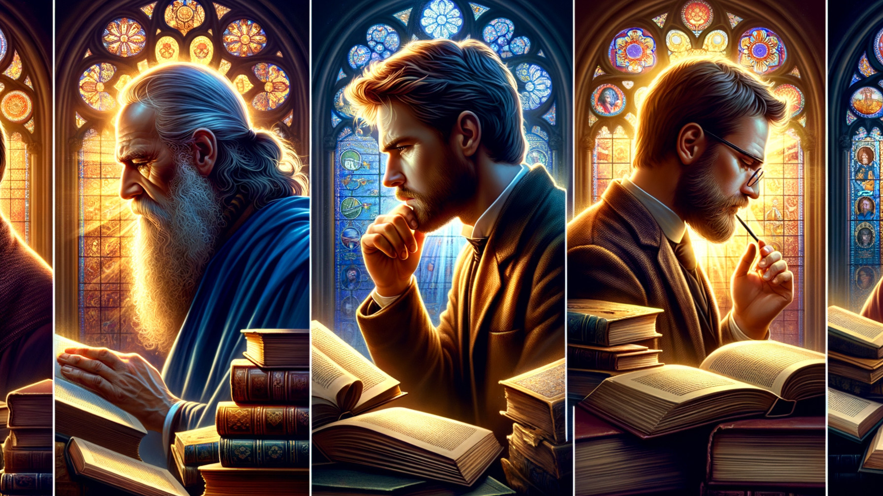 Three Figures in Thought Beneath Stained Glass Light