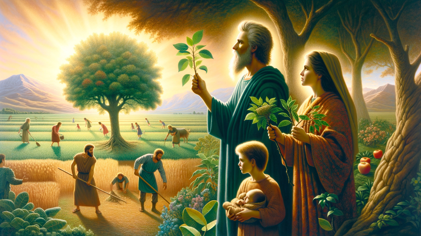 Golden Landscape with People and Nature Harmony