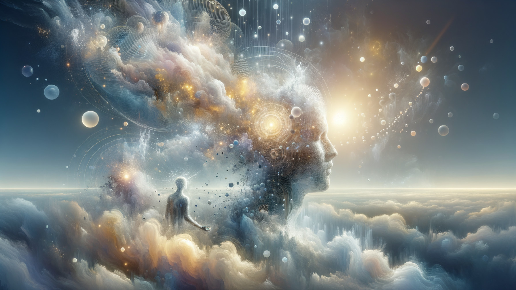 Surreal Human Silhouette Meditating in Cosmic Clouds