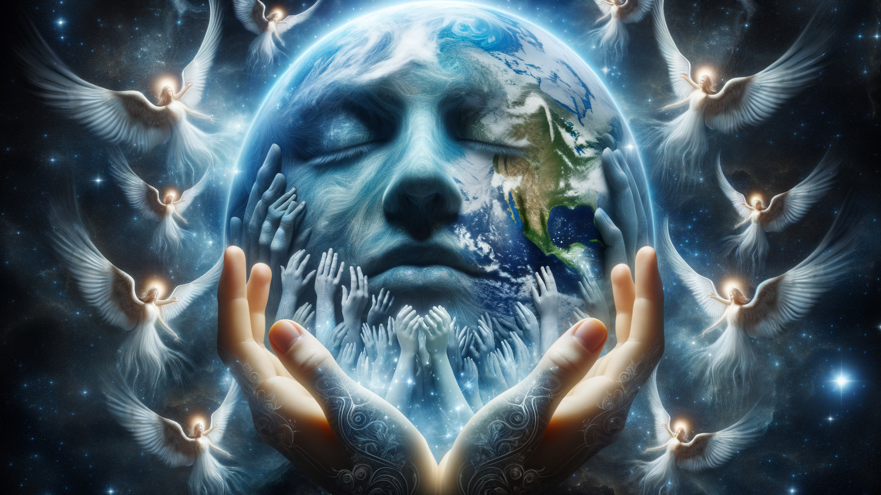 Human-like face cradling Earth with angels and light