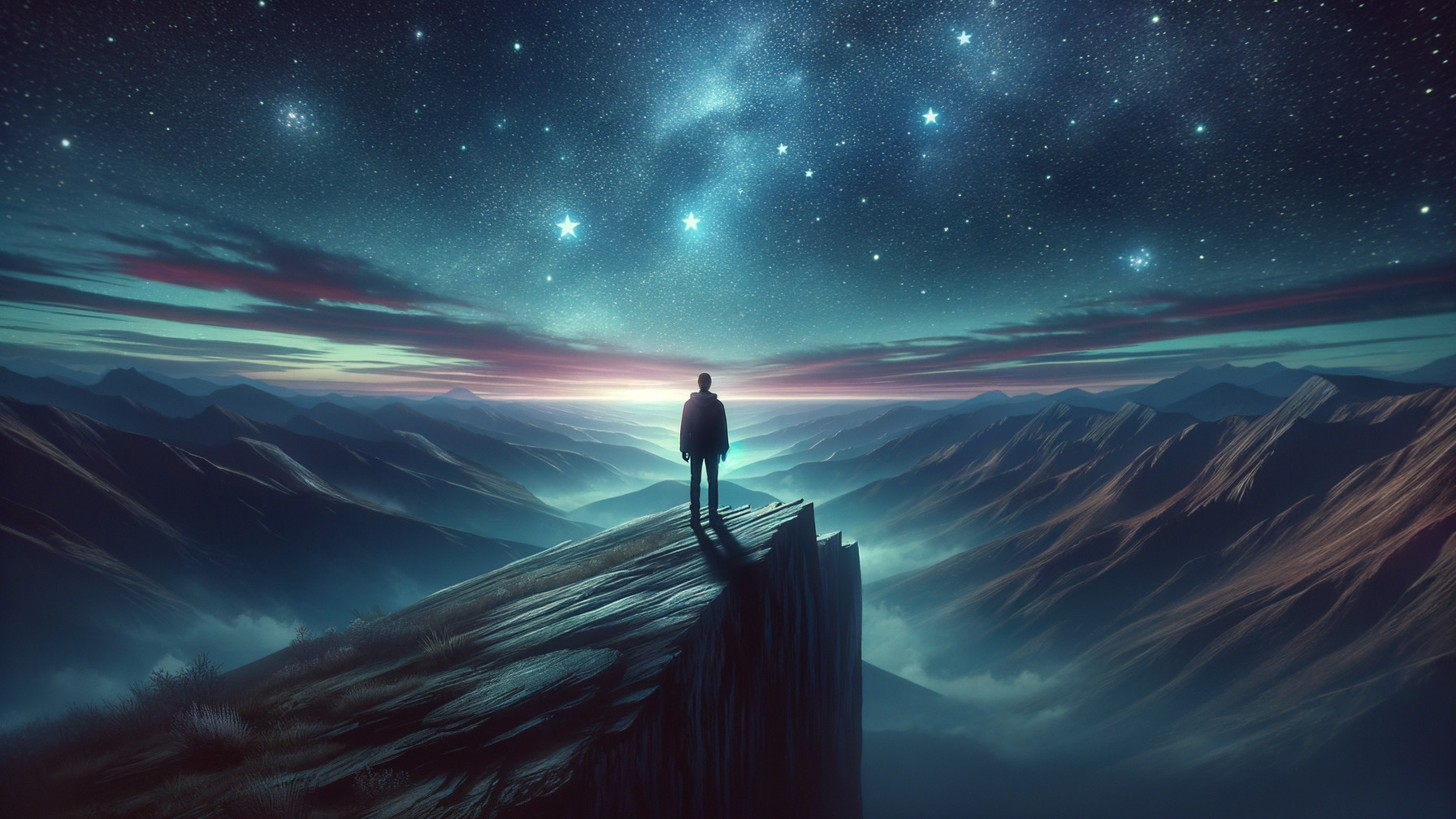 Solitary Figure Overlooking Mountain Landscape at Night