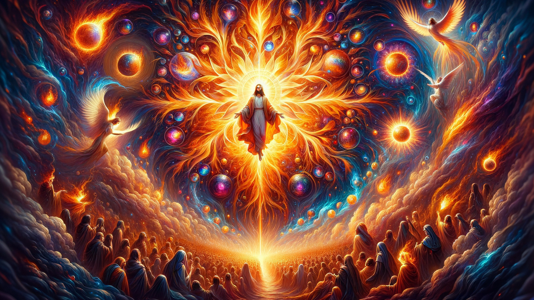Celestial Scene with Vibrant Colors and Divine Figure