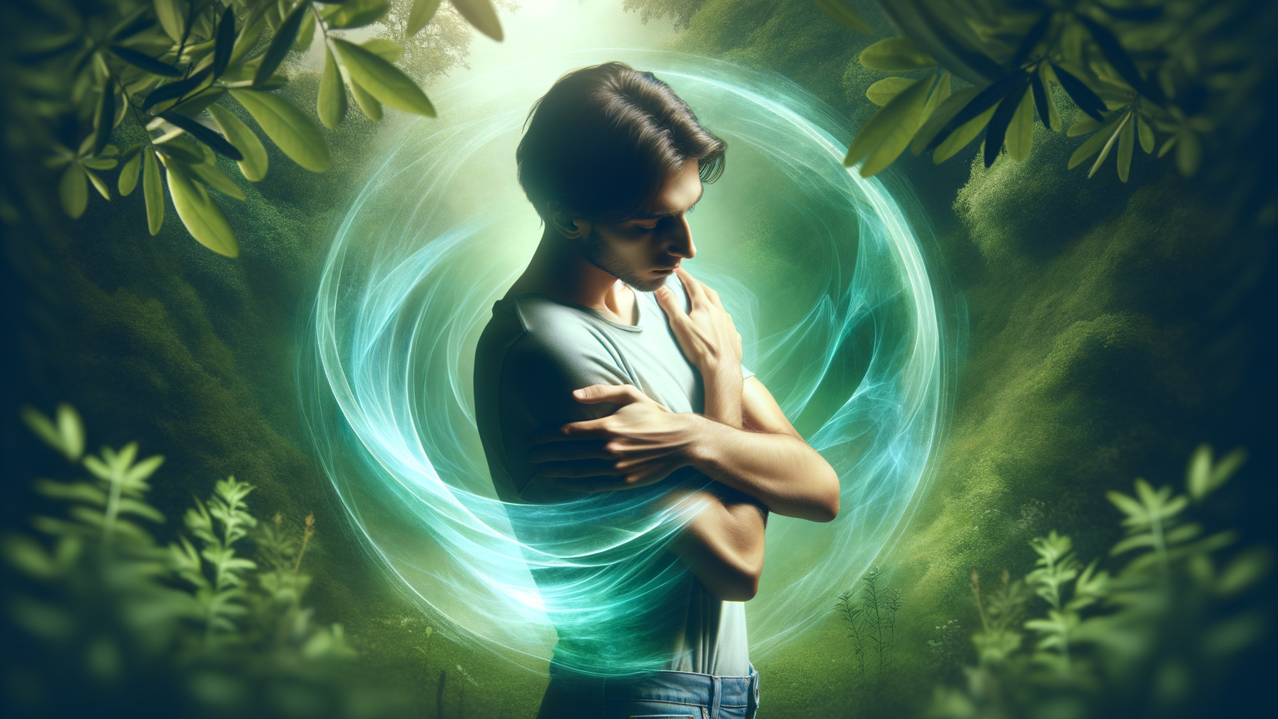 Young man in serene forest with ethereal light