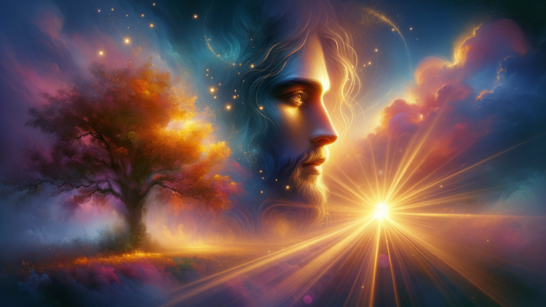 Surreal Scene of Serene Face and Vibrant Sunset