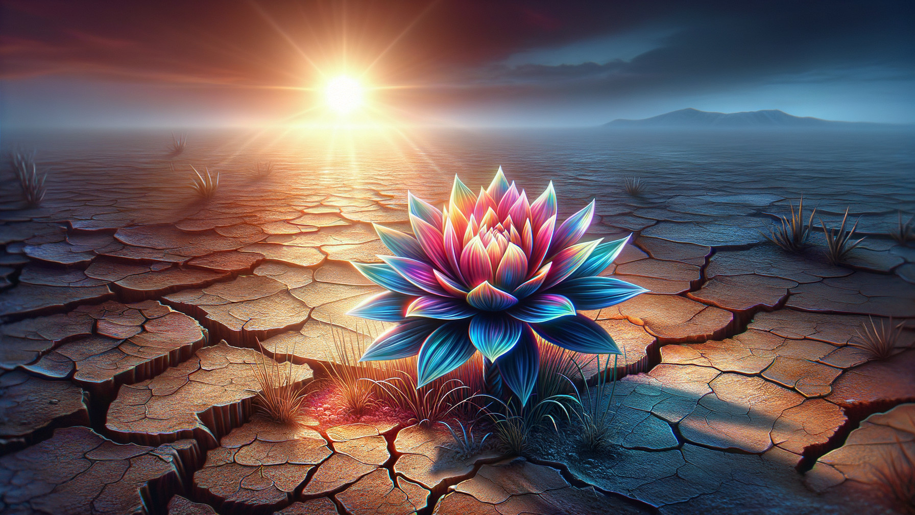 Surreal Flower in Cracked Landscape at Sunrise